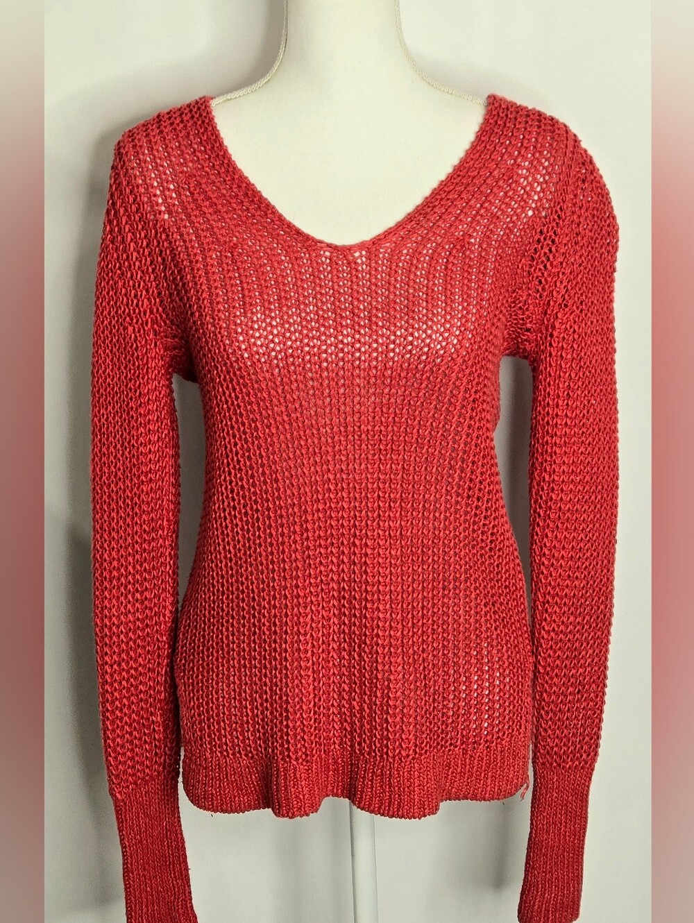 Banana Republic Persimmon Italian Linen Open Knit V Neck Sweater NWOT S